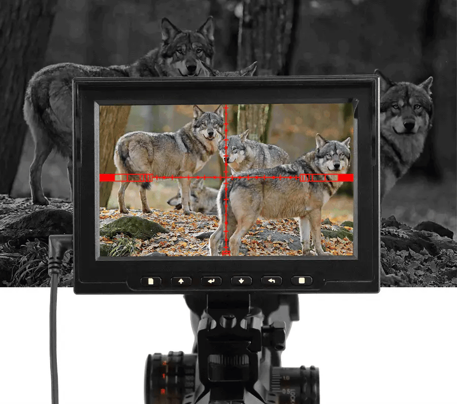 digital crosshairs on a screen, pointed at a pack of wolves