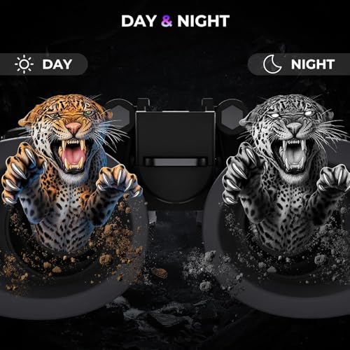 Two leopards, one in day and one in night light, with a black background.