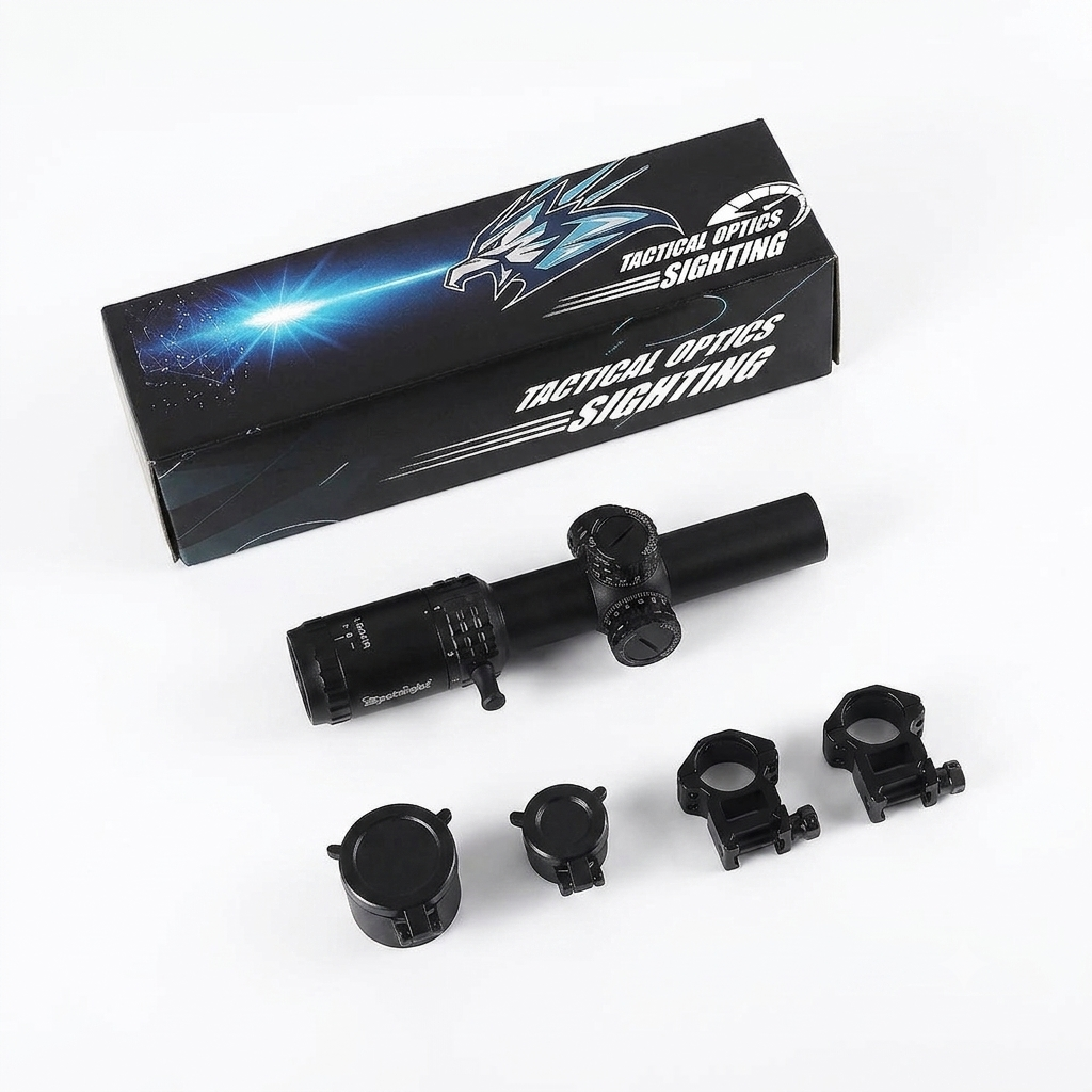 A black tactical rifle scope with four mounting rings displayed in front of its black retail box on a clean white background. The box features a blue light graphic and the text 'Tactical Optics Fighting'.