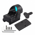A Trijicon SRO red dot sight with a blue-tinted lens, shown with a mounting plate, a small black accessory piece, four screws, and two Allen wrenches on a white background.