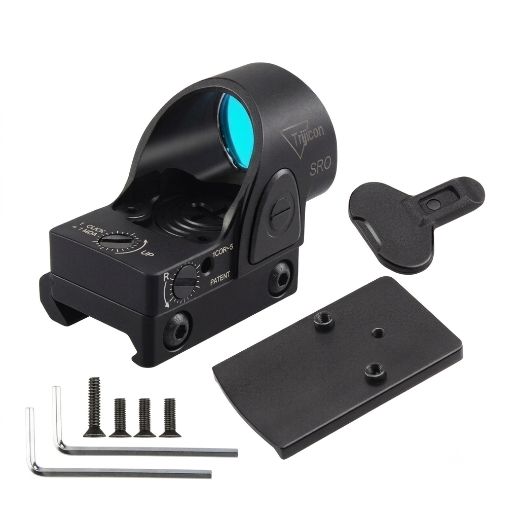 A Trijicon SRO red dot sight with a blue-tinted lens, shown with a mounting plate, a small black accessory piece, four screws, and two Allen wrenches on a white background.