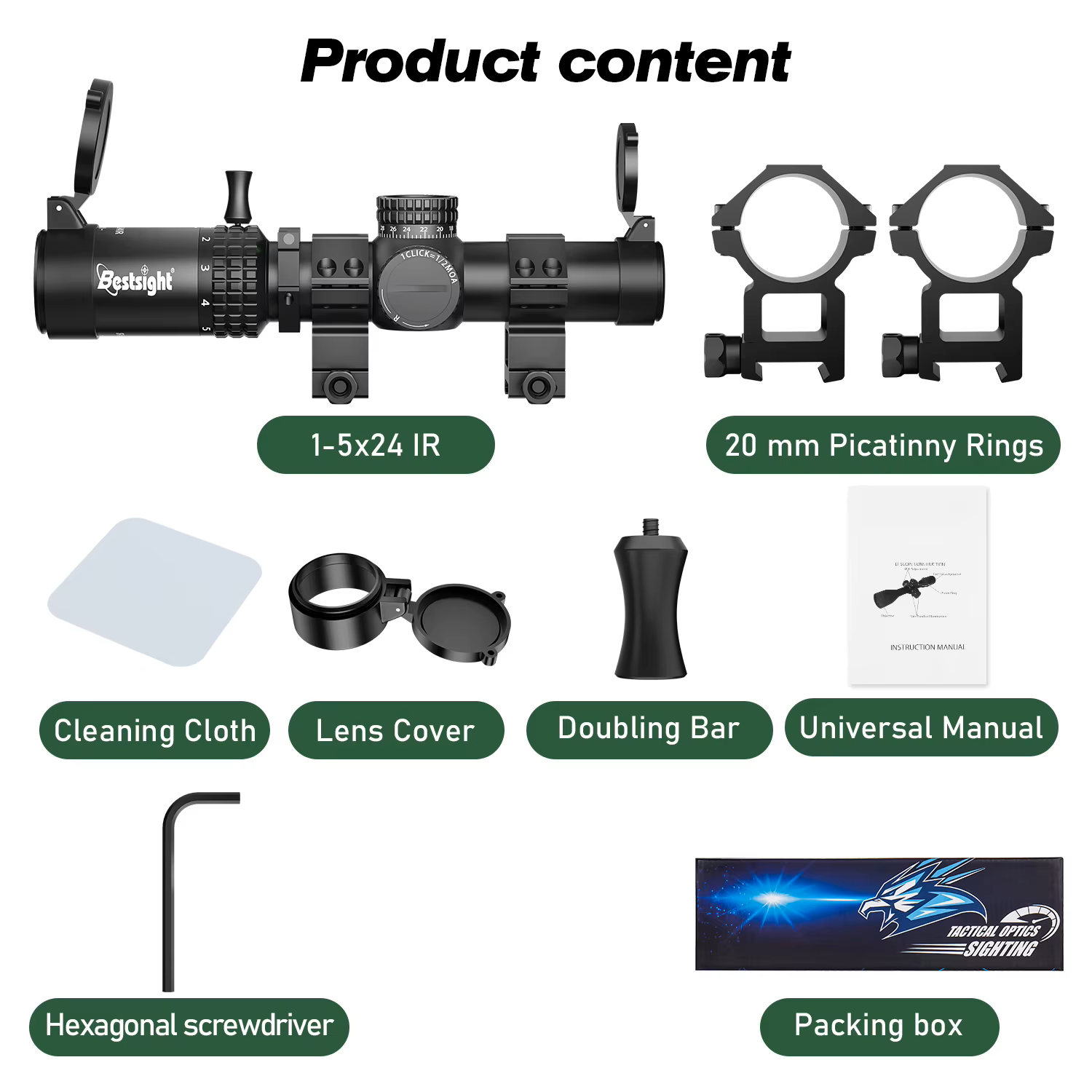 Product content layout showing a black rifle scope with two mounting rings, lens cover, cleaning cloth, doubling bar, hexagonal screwdriver, manual, and packing box on a white background with labels.