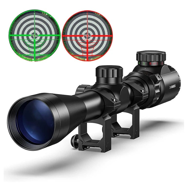 Black rifle scope with reticle display on a white background
