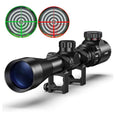 Black rifle scope with reticle display on a white background