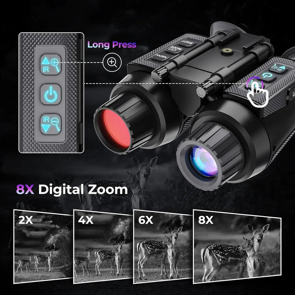 Digital night vision binoculars with 8x digital zoom and power buttons on a dark background.