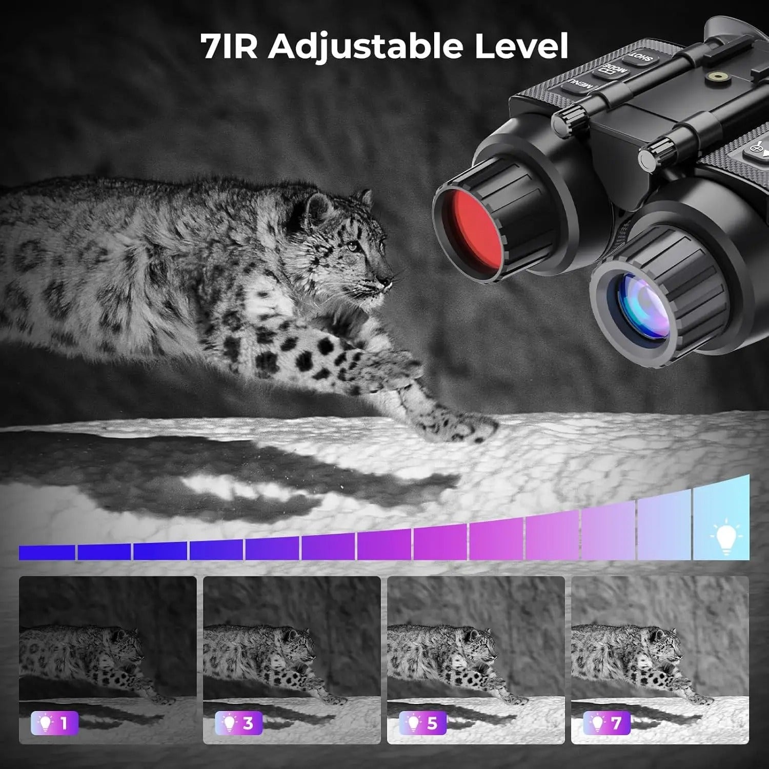 Night vision device with adjustable level indicator showing a leopard in dark environment.