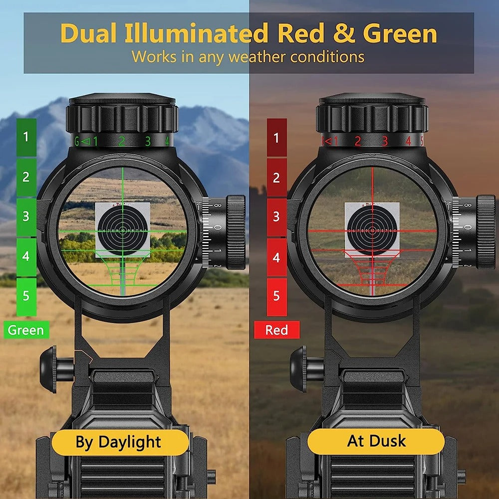 Dual illuminated red and green scope with daytime and nighttime views on a natural background.