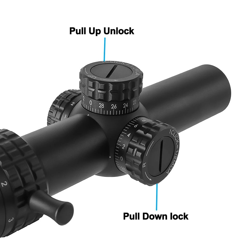 Close-up of a rifle scope with labeled pull-up and pull-down locks on a white background
