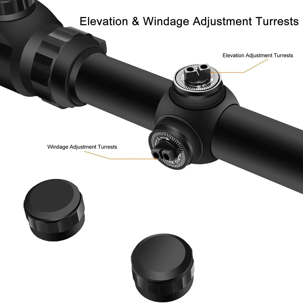 Diagram of a rifle scope with elevation and windage adjustment turrets labeled.