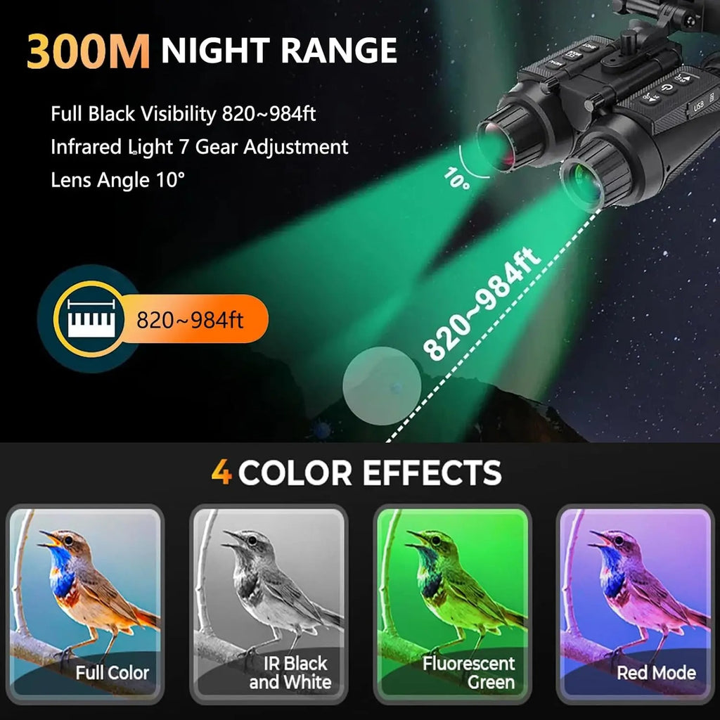 Infrared night vision device with 300m night range and color effect options on a dark background.