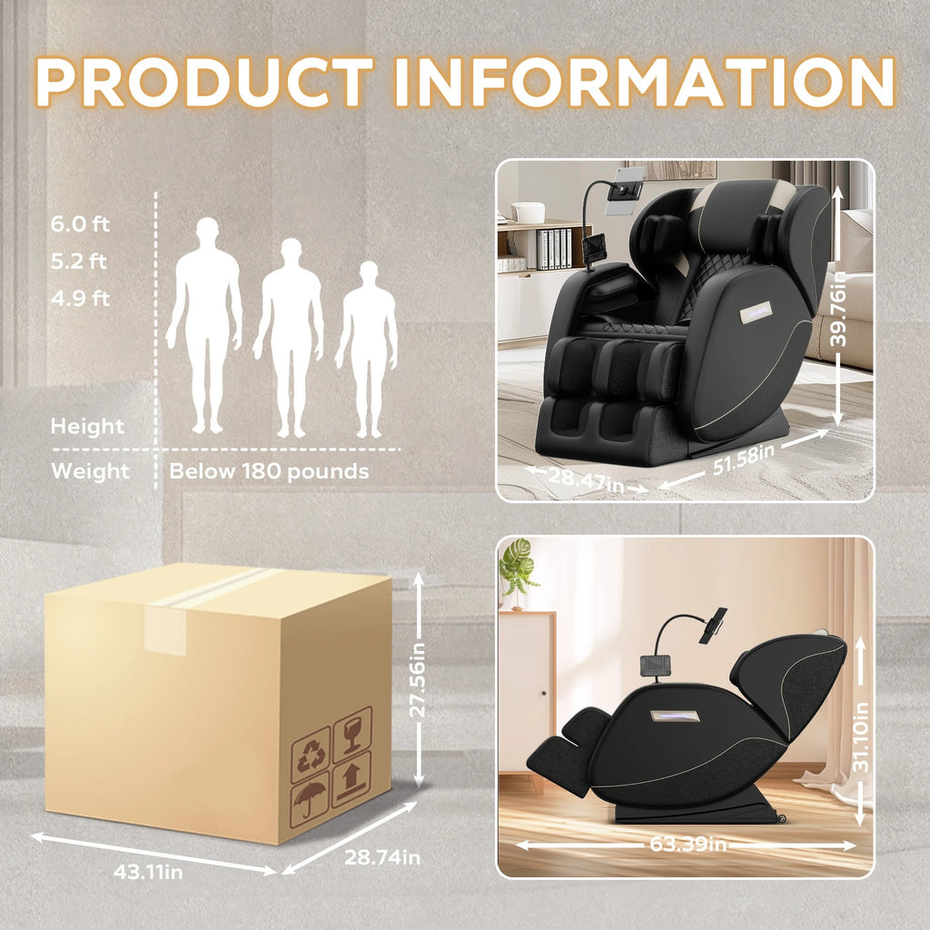 Product information graphic for a massage chair with dimensions and usage details.