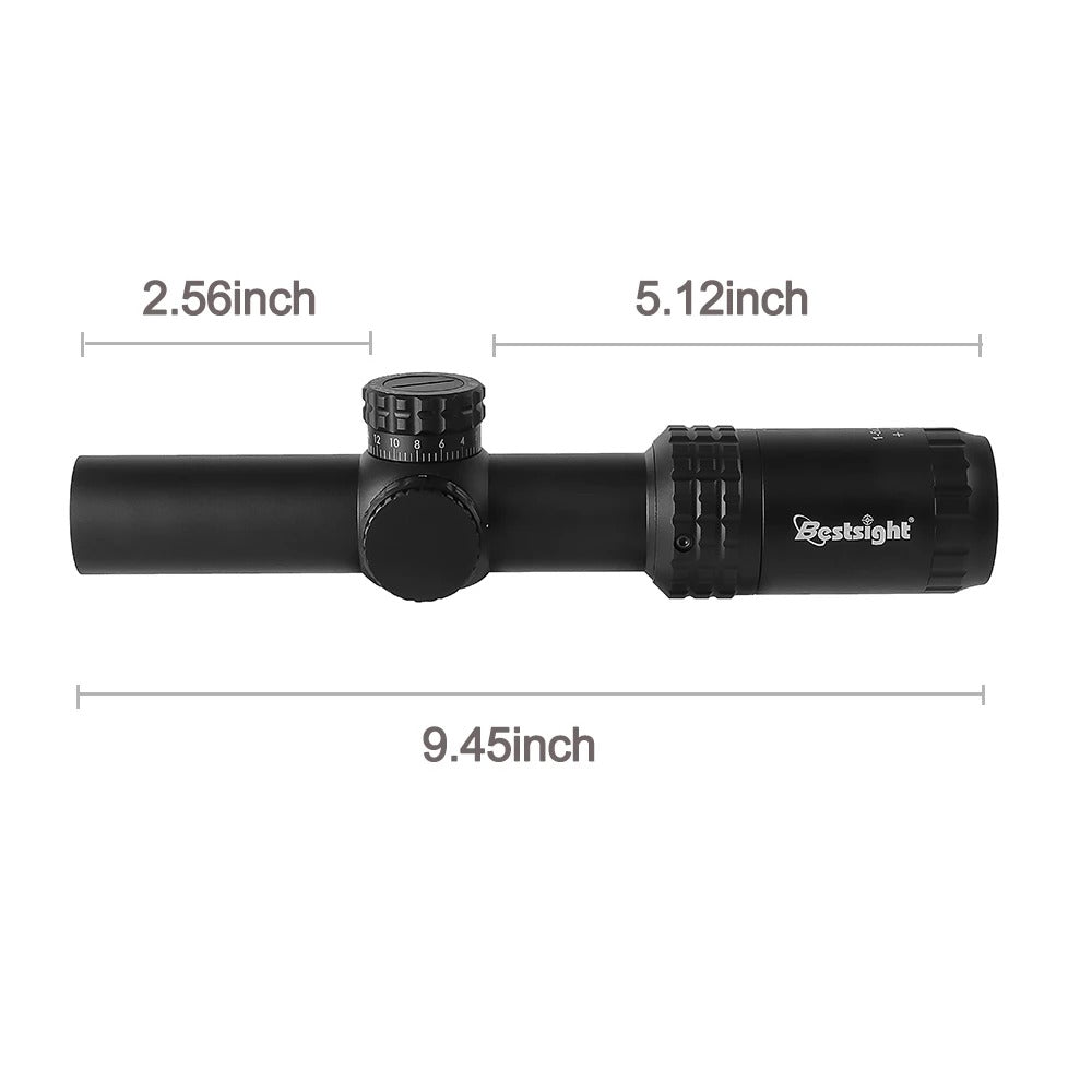 Riflescope with dimensions labeled on a white background