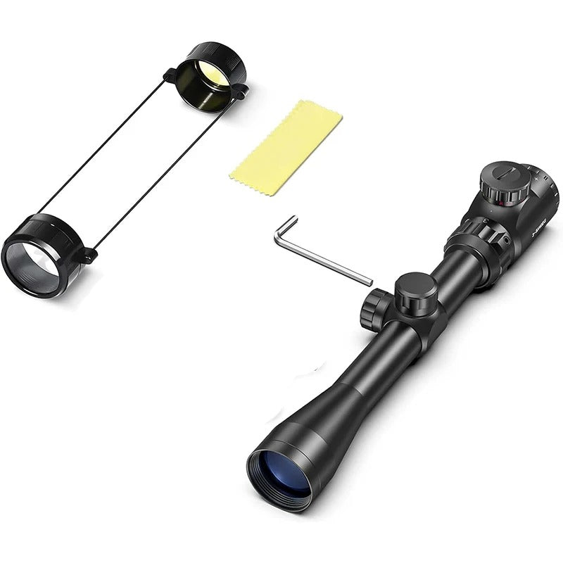 Tactical rifle scope with accessories on a white background