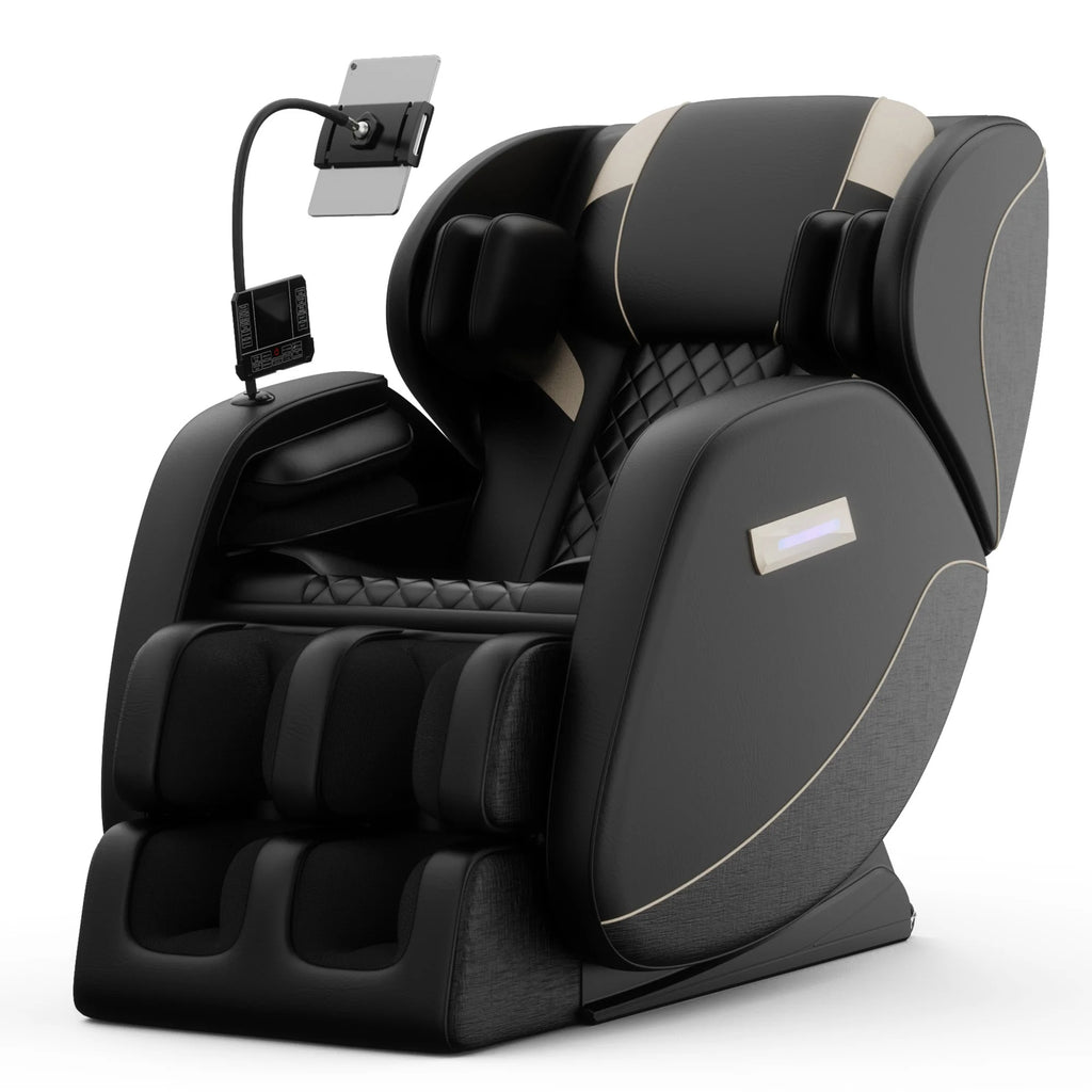 Gray massage chair with smartphone holder on a white background