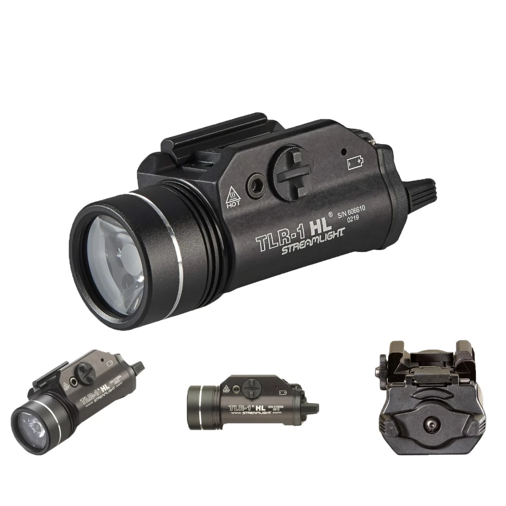 TLR-1 HL Streamlight tactical flashlight shown from multiple angles on a plain white background, including the main side view, a smaller angled view, a front view, and a mounting plate view.