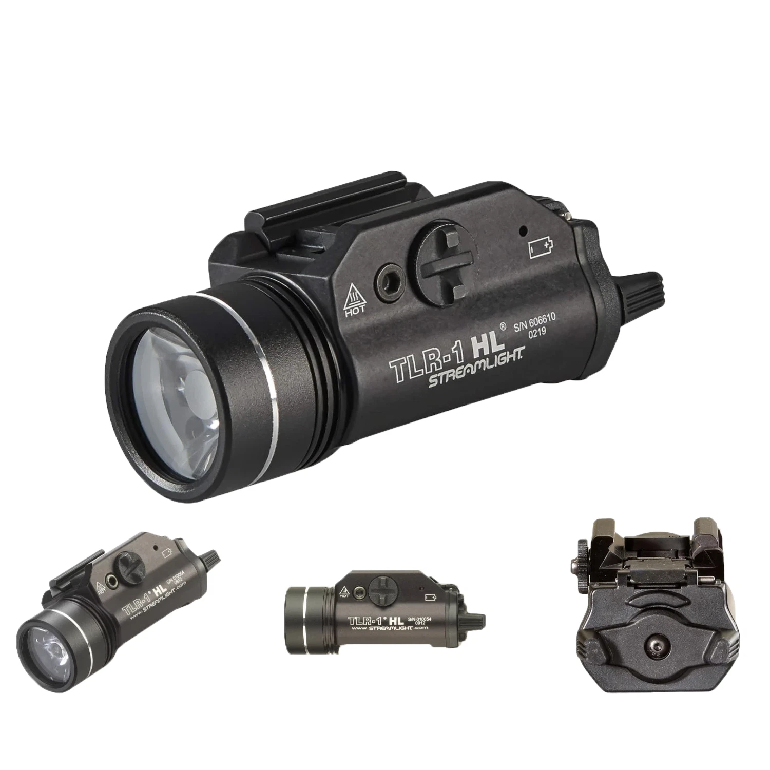 TLR-1 HL Streamlight tactical flashlight shown from multiple angles on a plain white background, including the main side view, a smaller angled view, a front view, and a mounting plate view.