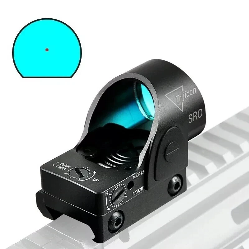 Black Trijicon SRO riflescope shown mounted on a white rail, with a cyan circular reticle diagram overlay in the top left corner.