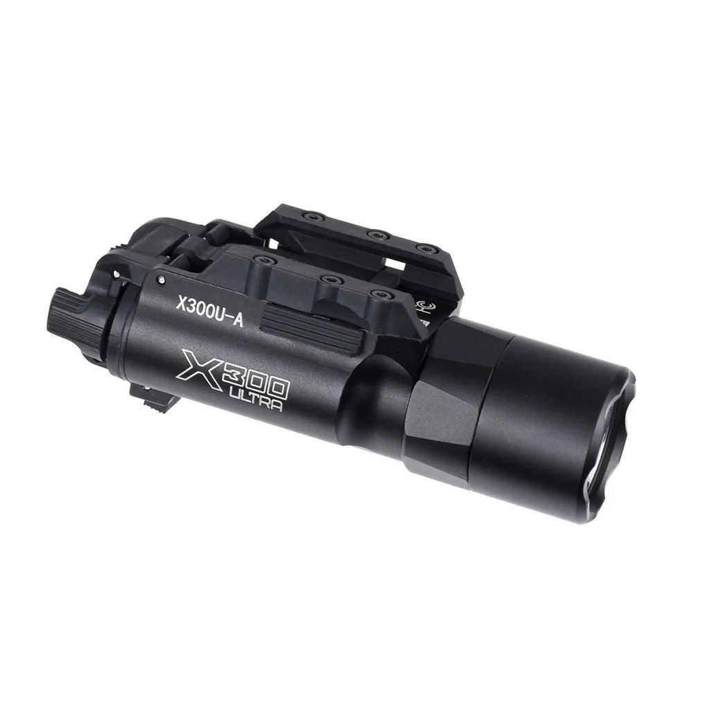 A black tactical flashlight and mount assembly, identified as the X300U-A model by the printed white text, shown on a solid white background.