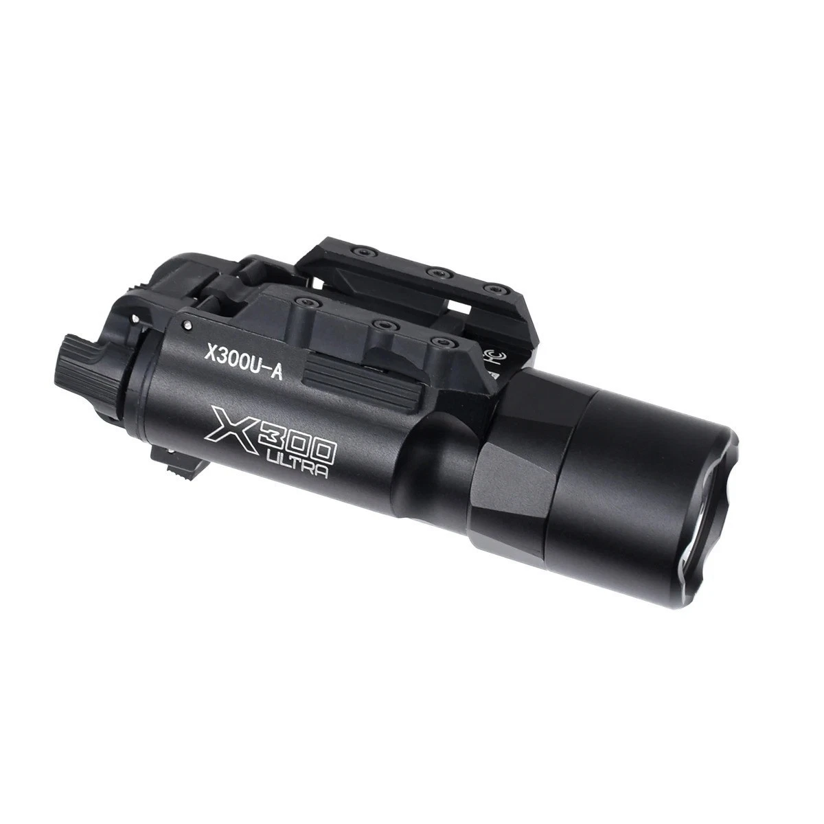 A black tactical flashlight and mount assembly, identified as the X300U-A model by the printed white text, shown on a solid white background.